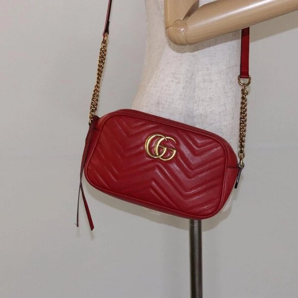 GUCCI GG Marmont Shoulder Bag Leather Red Gold 447632 Auth sw1251 - Picture 15 of 16